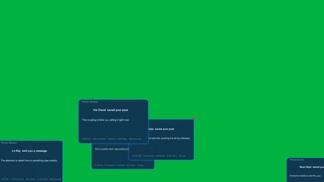 On new updates floating cards rising from bottom, clustering to notify user on transparent canvas