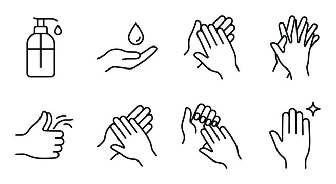Hands washing hygiene icons with soap dispenser and water drop clean and care vector