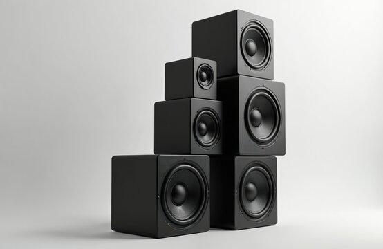 Multiple black audio subwoofers stacked in a geometric design. Speakers are on a clean white background. This shows a sound system setup. Powerful bass units.