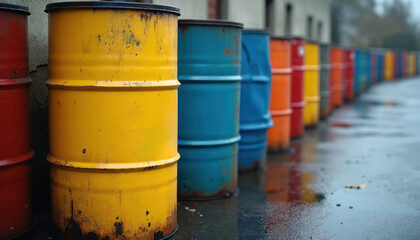 Obraz premium Metal barrels lined up, colorful faded, on wet ground. Containers hold industrial waste chemicals for disposal storage. Safety, environment concerns arise from presence. Scene suggests depot for