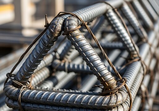 Steel rebar rods tied together for construction reinforcement