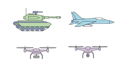 Fototapeta premium Modern Military Vehicle and Drone Vector Icon Set: Tank, Fighter Jet, and UAV Surveillance Drones.