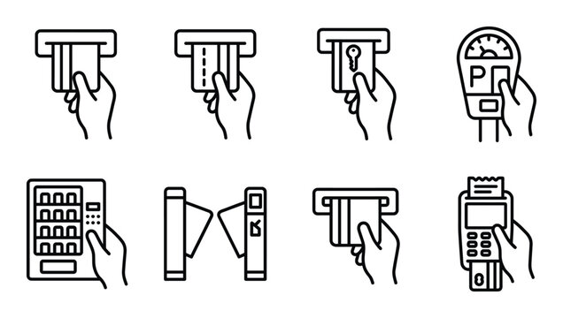 Payment card icons hand inserting card into terminal and parking meter shown with credit card machine