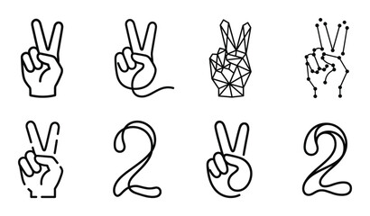Obraz premium Peace sign hand gesture icons in creative styles featuring geometric polygon and continuous line art