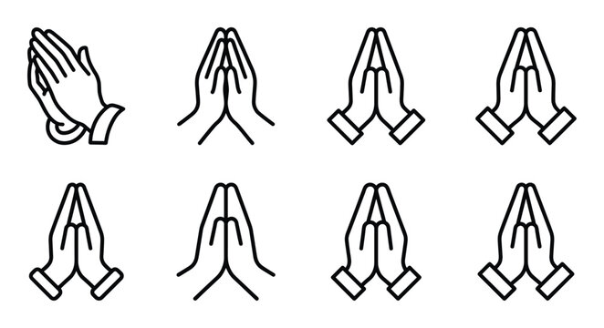 Praying hands icon set with multiple positions of palms together for meditation and peace concepts