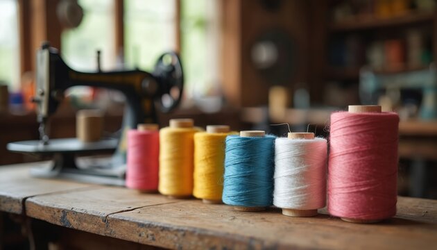 Colorful spools of thread sit on rustic wooden table near antique sewing machine. Various threads in bright hues neatly arranged, ready for sewing projects. Craft supplies organized for textile work.