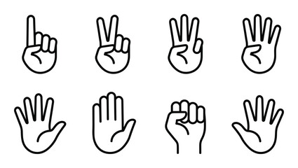 Fototapeta premium Set of black linear hands gesturing different numbers and signals on transparent background