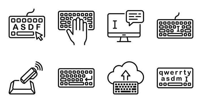 Set of keyboard and typing vector line icons. concept of computing, data entry, and communication