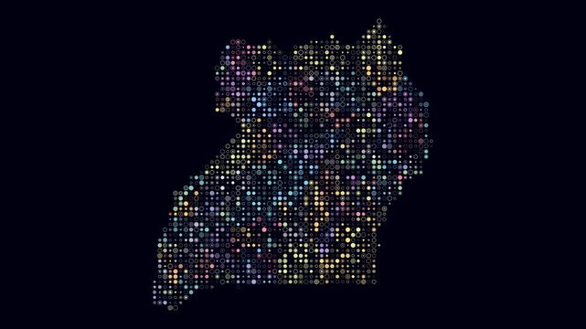 Uganda animated country shape. Pulsating colored dots on the map of the country. Small size circle blocks. Digital style Uganda map on dark background. Plain animation video.