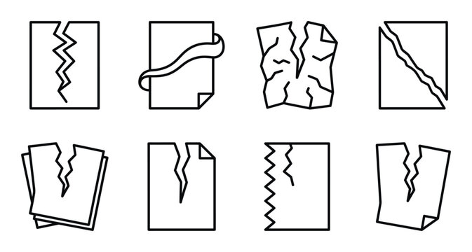 Torn paper icon set with various ripped edges and damaged document silhouettes in black thin lines