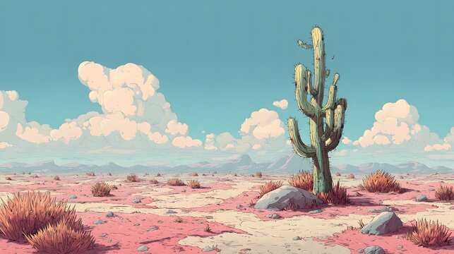 cactus in desert baren, cartoon style, hand drawing, 