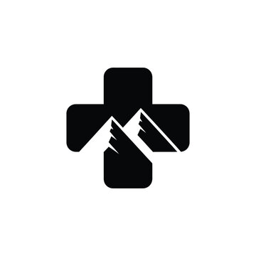 A medical cross symbol merges with two mountain peaks in a graphic illustration.