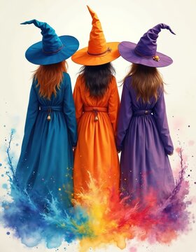 Three witches stand side by side wearing blue orange and purple robes and pointed hats. Colorful magic powder erupts from their feet. They are mysterious and powerful.