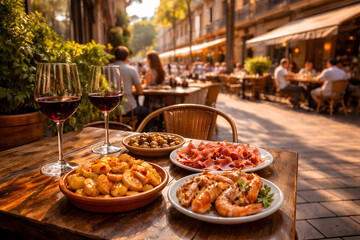 Fototapeta premium Traditional Spanish tapas on an outdoor restaurant table