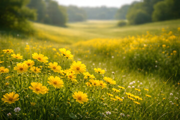 Obraz premium Sunlit meadow filled with vibrant yellow wildflowers