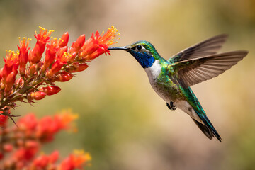 Obraz premium Vibrant hummingbird hovering and feeding from a bright red flower