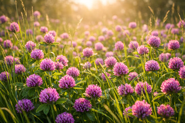Obraz premium Blooming red clover field in the warm glow of sunset