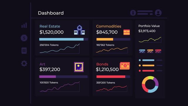 Tokenized asset portfolio dashboard animation featuring a dark UI interface with real estate, commodities, art, and bonds categories
