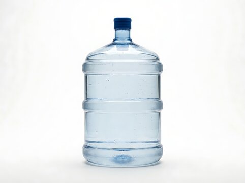 A standard 5 gallon jug of pure water with a blue cap isolated on a clean white background for office hydration and bulk bottled water supply storage.
