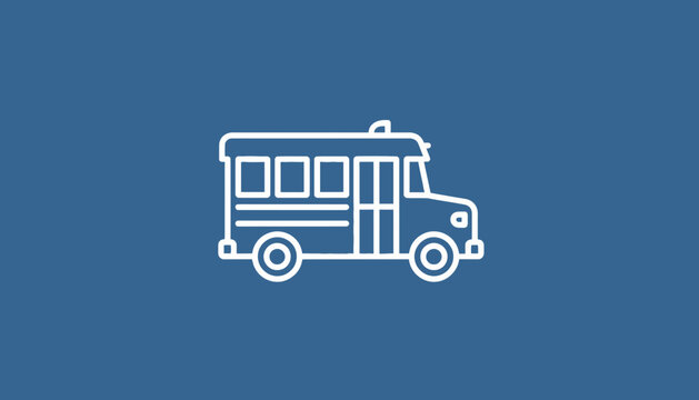 White school bus icon on a blue background, transportation and education symbol