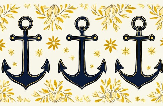 Dark blue anchors and yellow coastal plants form a repeated border pattern. Maritime and floral elements are rendered in a simple line art style with background. Decorative marine graphic.