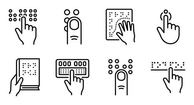 Braille reading system icons for blind people with hands touching dots and book symbols on background