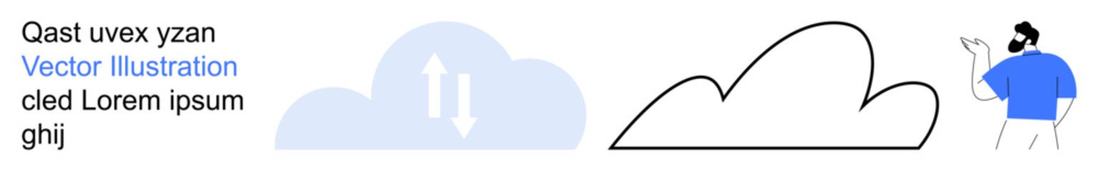 Fototapeta premium Cloud computing, data sharing, online services, networking, technology, connectivity. A cloud with arrows synchronization, a person interacting. Cloud computing and data sharing concept