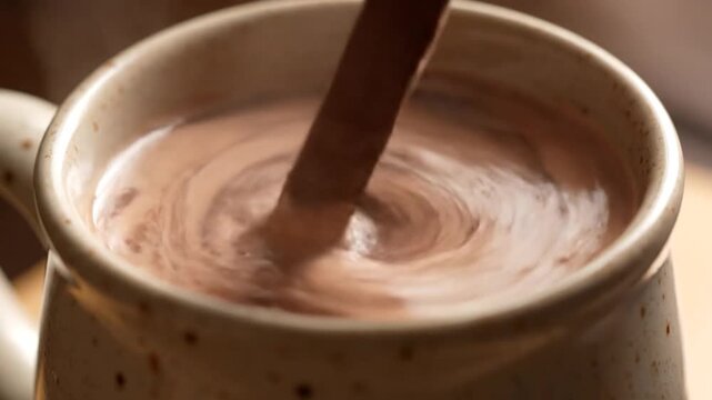 Close-up of hot chocolate being stirred in a mug.