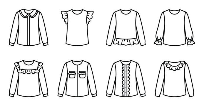 Collection of women's blouses fashion line art icons for wardrobe outline clothing ruffles