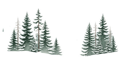 Obraz premium Minimalist watercolor panorama of snow-dusted coniferous pine and fir trees partially obscured by dense, rolling fog on a white background with copy space. Concept of quiet solitude