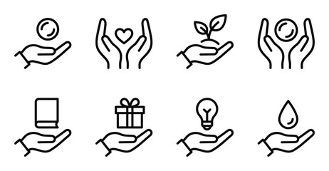 Hands holding various items line icon set. giving and receiving, charity and care © GoDesigner