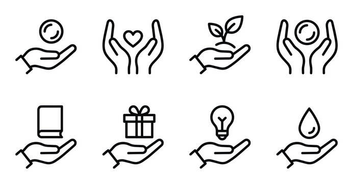 Hands holding various items line icon set. giving and receiving, charity and care