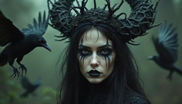 Woman with dark makeup and horns wears black dress. Crows fly around her in a foggy forest. Mysterious, dark fantasy theme, powerful feminine energy in nature.