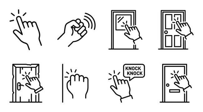 Knock door line icons set. hand tapping on doors and walls with various gestures