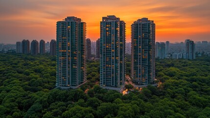 Obraz premium City skyline at sunset, three high-rise buildings, lush green trees