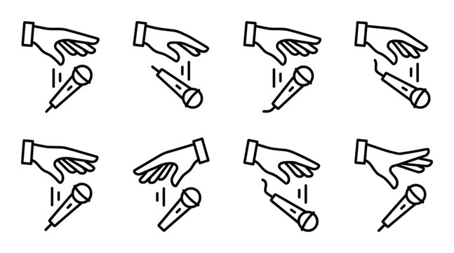 Microphone dropping gesture simple line icon set hand motion for dropping mic isolated vector
