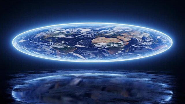 Glowing Blue Flat Earth Model Floating in Void