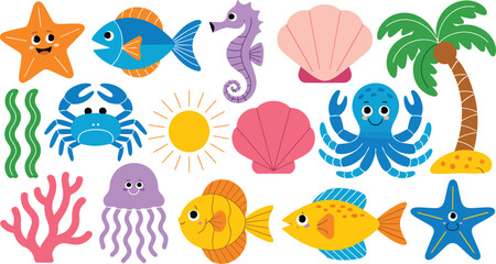 Obraz premium Cute cartoon sea creatures and ocean in bright colors
