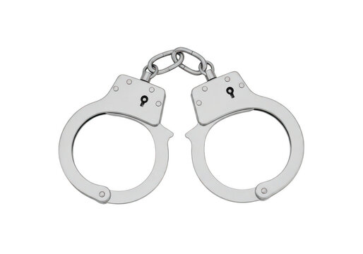 Pair of metal handcuffs connected by a short chain link isolated on transparent background