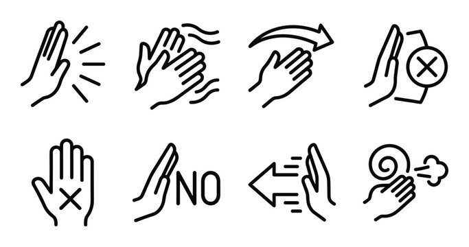 Set of hand gesture icons illustrating actions like high five, clapping, pushing, stopping