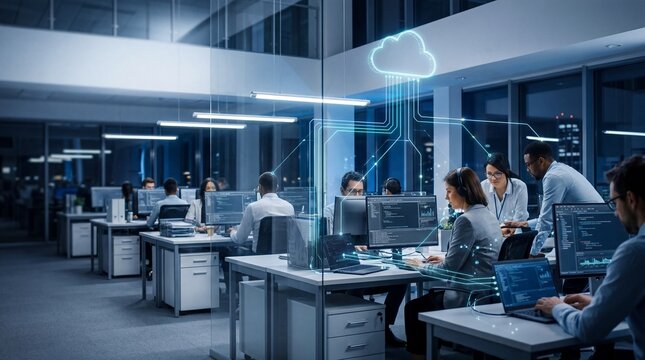 Cloud Computing Technology Concept with Software Engineers Working in Modern Office