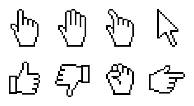 Set of pixelated computer mouse cursors in various hand gestures and arrows