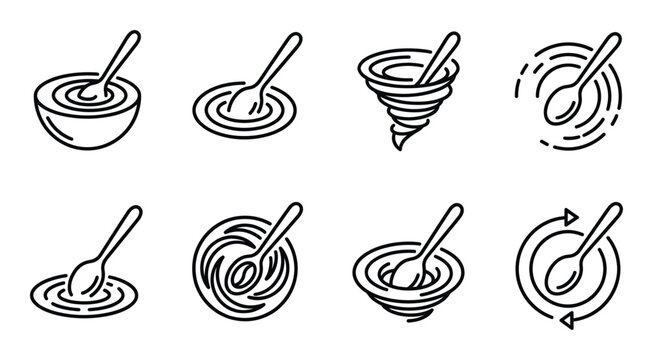 Stirring spoon in bowl icon set showing liquid mixing motion for culinary recipes and food preparing