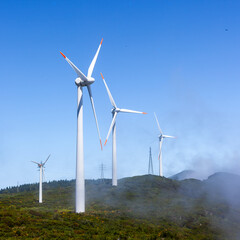 Wind turbines generating renewable energy on a hillside in Madeira. Green landscape with windmills...