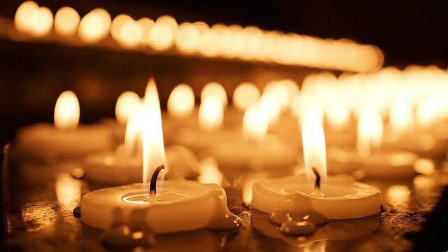 Glowing Candle Rows in Dark Setting with Warm Light Repetition and Calm Atmosphere