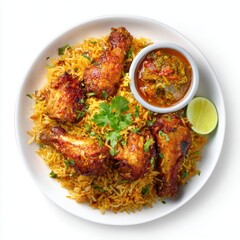 Fototapeta premium Hyderabadi biryani with chicken wings coriander garnish isolated on a white background