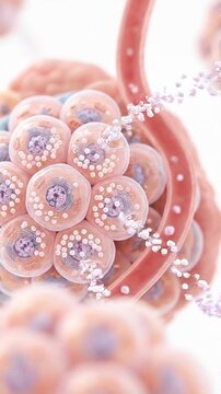 Endocrine system hormone cell gland tissue anatomy biology medicine medical microscopic 3D illustration showing hormone secretion and signal from endocrine gland cells into blood vessel with