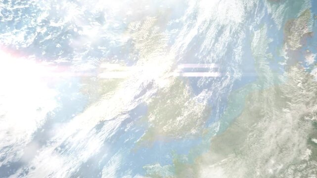 Earth zoom in from space and focus on Blackpool, England, North West England, Great Britain. Background for travel intro or blog. Satellite view. 3D style Animation. Images from NASA.