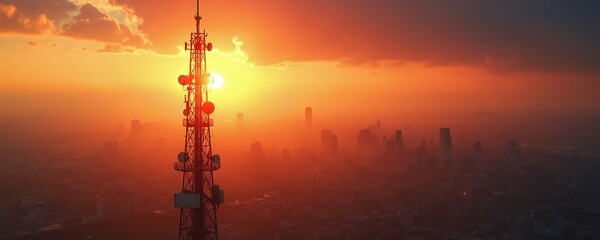 Obraz premium Towering comms mast rises above hazy urban skyline at sunrise. Fiery orange sun breaks through clouds illuminating city buildings below. Aerial view shows technological infrastructure against sky.