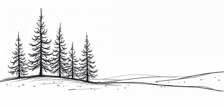 Minimalist line art shows evergreen trees on hilly ground. Simple sketch depicts forest landscape with sparse foliage detail. Black and white graphic for nature themes.